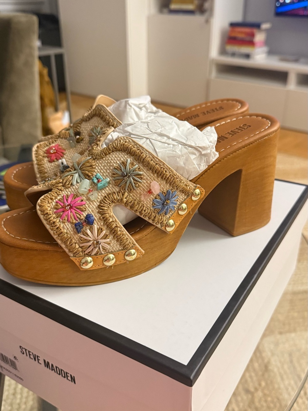 Steve Madden Tan Embroidered Raffia Platform Mules